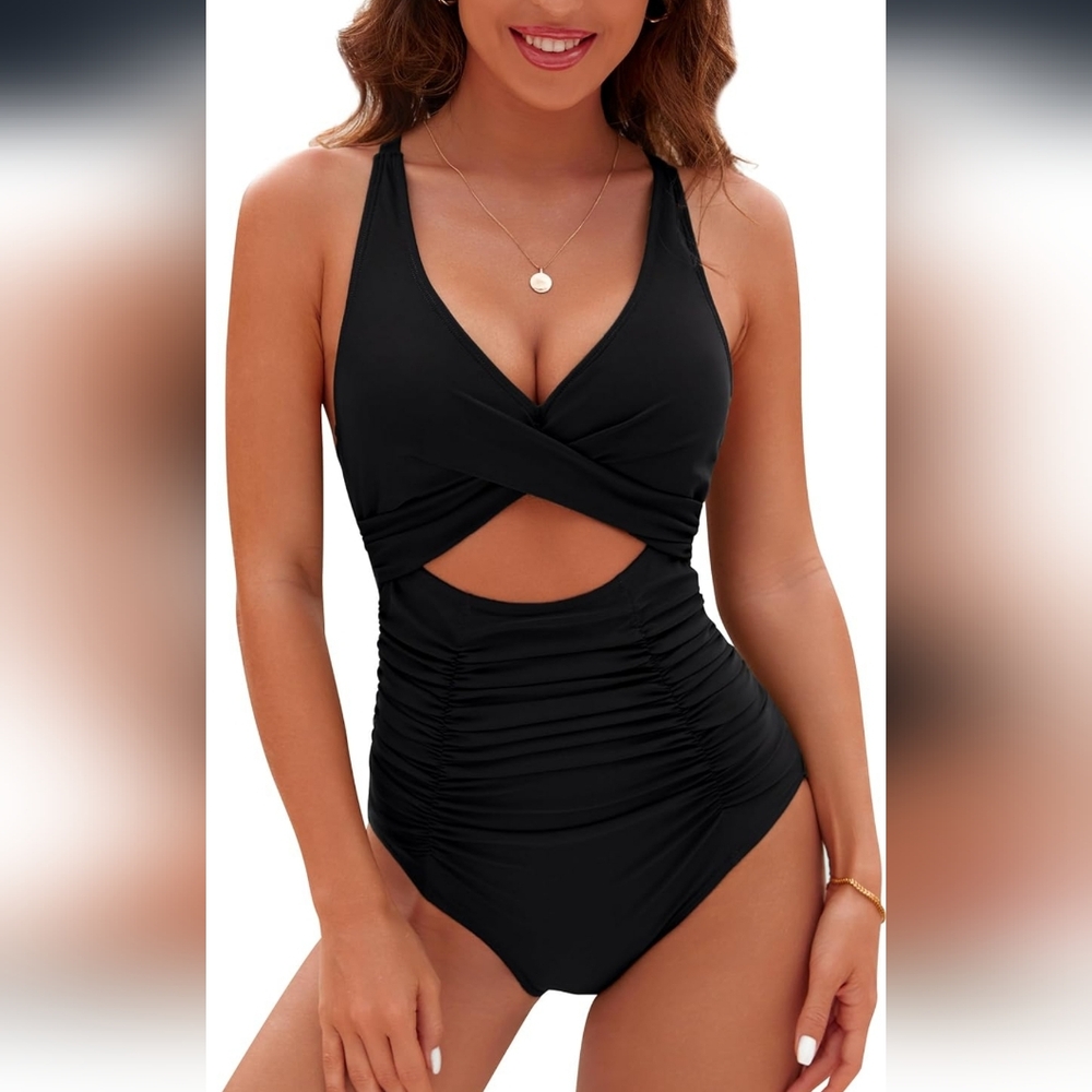 Black Ruched Cutout One Piece Swimsuit